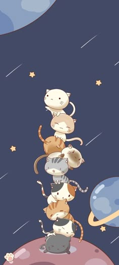 several cats are stacked on top of each other in the sky with stars above them