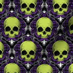 a pattern with skulls and swirls in green, purple and black on a black background