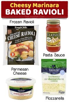 the ingredients for cheese marinara baked ravioli