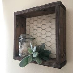 a wooden shelf with a glass jar and some plants