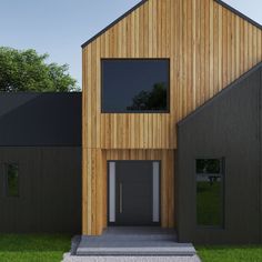 a house that is made out of wood and has two windows on the top floor