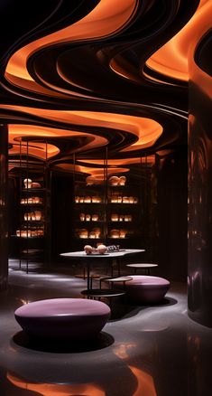 the interior of a restaurant with round tables and purple benches in front of large circular lights