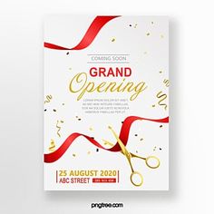 grand opening poster with gold scissors and streamers on white background for an event or celebration