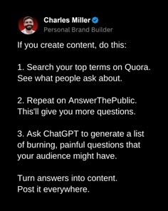 a text message that reads, if you create content, do this 1 search your top items on qua see what people ask about