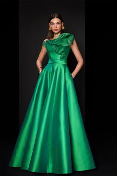 Mikado gown with ruffle detail – HerTrove Mikado Gown, Marchesa Couture, Yellow Wedding Dress, Green Gown, Full Length Skirts, Asymmetrical Neckline