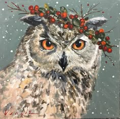 an owl with orange eyes wearing a red berry crown