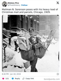 a black and white photo of a man carrying boxes in the snow