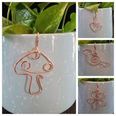 three pictures of a potted plant with some metal wire in it and the bottom one has a bird on it