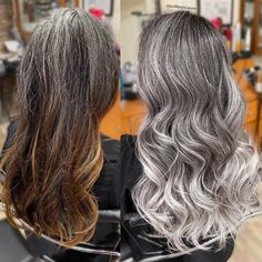 Brown to Silver Balayage Makeover Hair With Silver Highlights, Transitioning To Gray Hair, Brown Hair With Silver Highlights, Grey Balayage, Natural White Hair, Ash Grey Hair, Grey Blending, Jack Martin, Gray Balayage