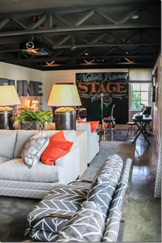 a living room filled with lots of furniture and lamps on top of it's walls