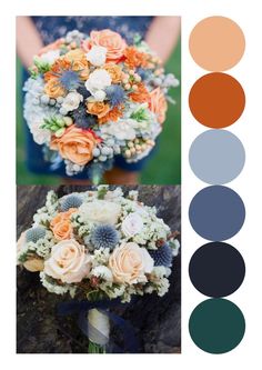 a wedding bouquet with orange, blue and white flowers is shown next to the color palette