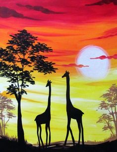 two giraffes are silhouetted against an orange and yellow sunset with trees