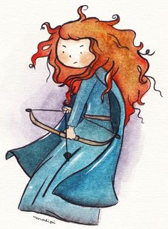 a drawing of a woman with red hair holding a bow and arrow