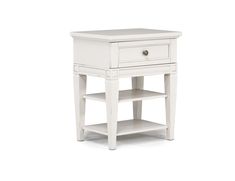 a small white table with two drawers on one side and an open drawer on the other