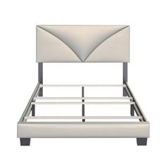 a white bed frame with an upholstered headboard and foot board on it