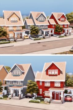 two renderings of the same house in different colors and sizes, each with red trim