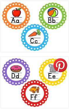 four colorful circles with different letters and numbers