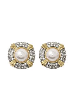 Dimensions: 1x3/4  Gold Two Tone Crystals amp White Pearls Button Clip Earrings Crystals White, White Pearl Earring, Tourmaline Earrings, Crystal Buttons, Pearl Earring, Pearl Diamond, Kenneth Jay Lane, Clip Earrings, White Pearl