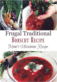 the cover of frugal traditional borsch recipe, with images of different vegetables