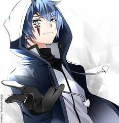 an anime character with blue hair and black gloves, holding his hand out to the side