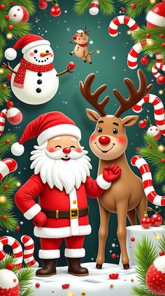 santa claus and his reindeer are standing in front of christmas decorations