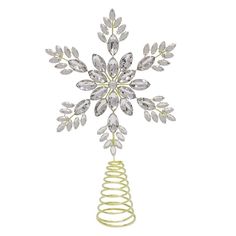 a snowflake ornament on a white background with green and gold spirals