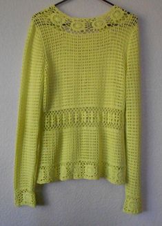 "Crocheted loose knit long sleeve sweater for women. Great for formal or casual event. 100% cotton, lime yellow color. It has eight small hooks for closure. It's beautiful and condition is great. Dimension shoulder 17\" bust 20\" length 26\" sleeve 28\"" Fitted Textured Knit Sweater For Spring, Fitted Textured Knit Spring Sweater, Spring Stretch Crochet Top, Spring Textured Knit Crochet Top With Crew Neck, Fitted Long Sleeve Crochet Top For Spring, Spring Crew Neck Open Knit Crochet Top, Yellow Long Sleeve Spring Sweater, Green Long Sleeve Summer Sweater, Green Open Knit Tops For Spring