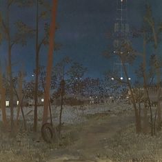 an oil painting of a night scene with a telephone tower in the distance and trees