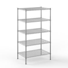 three tier shelving unit with four shelves on each side and one shelf in the middle