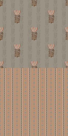 an orange and brown striped wallpaper with trees on it