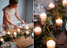 a woman decorating a table with candles and greenery