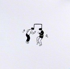 two people are dancing with musical notes on the wall behind them, and one person is holding a cell phone