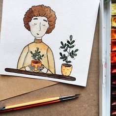 a drawing of a woman holding a potted plant on a tray next to paintbrushes