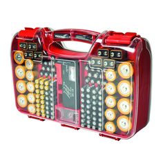 a red case with lots of buttons on it