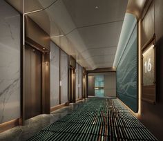 an empty hallway with marble floors and elevators