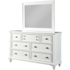 a white dresser with a mirror on top and drawers below it, against a white background