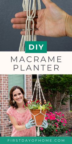 Image of macrame square knot and finished macrame hanging planter filled with flowers. Text overlay reads "DIY Macrame Planter". Rope Plant Hanger, Easy Macrame, Macrame Plant Hanger Tutorial, Diy Macrame Plant Hanger, Macrame Plant Holder, Rope Crafts Diy, Handmade Plant, Rope Crafts