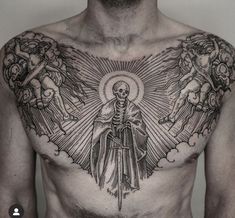 a man's chest with an image of the virgin mary and angels on it