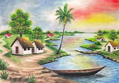 a painting of some houses by the water with boats on it and palm trees in the foreground