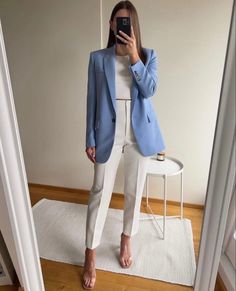 Court Outfit Trial Witness, Spring Formal Outfits Women, Blue Semi Formal Outfits For Women, Powder Blue Blazer Outfits For Women, Wedding Guest Blazer Outfit, Blazer Outfit Wedding Guest, Civil Engineering Outfit Women, Blazer Blanco Outfit Formal, Light Blue And Beige Outfit