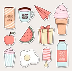 an assortment of food stickers including ice cream, watermelon, and other items