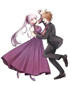 a man and woman dressed in formal clothes dance together with their arms around each other