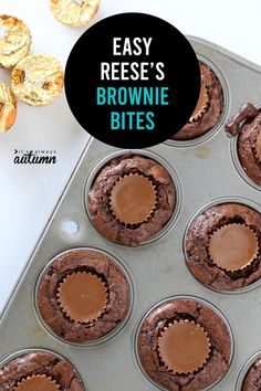 chocolate cupcakes in a muffin tin with the words easy reese's brownie bites