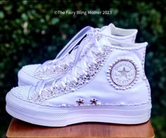 Bedazzled Chunky Converse, Quince Shoes Sneakers Trendy, Quince Shoes Sneakers Stylish, Wedding Converse Sneakers & Athletic Shoes, Bedazzled Chucks, Sneaker Balls, Bejeweled Shoes, Bedazzled Converse, Glitter Tennis Shoes