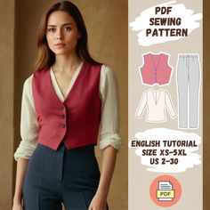 a woman wearing a red vest and blue pants with the text sew sewing pattern