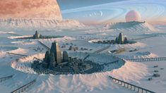 an artist's rendering of a city surrounded by mountains and planets in the background