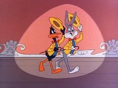 two cartoon characters are walking together in front of an orange and pink background