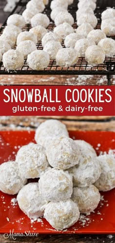 snowball cookies are stacked on top of each other in front of a red plate