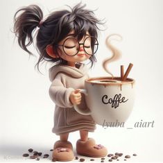 a doll with glasses holding a cup of coffee