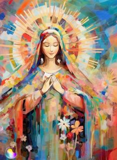 a painting of the virgin mary with flowers in her hands and sun shining behind it